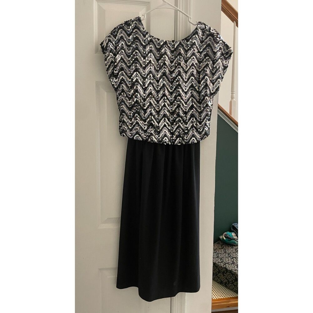 Vintage Toni Todd Black Silver Sequin  Party Dress Size 10 Disco Cocktail Midi